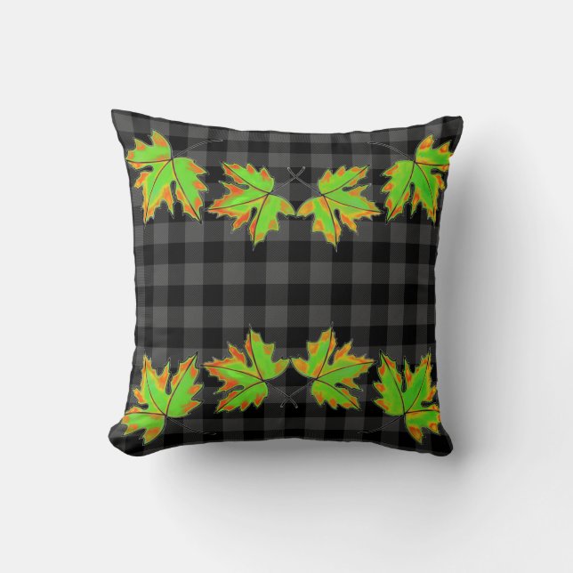 Grey Plaid with Fall Maple Leaves Cushion (Front)
