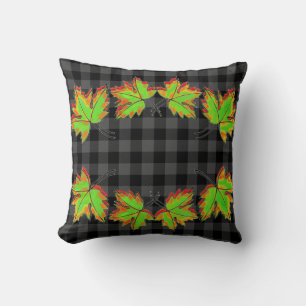 Grey Plaid with Fall Maple Leaves Cushion