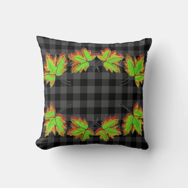 Grey Plaid with Fall Maple Leaves Cushion (Front)