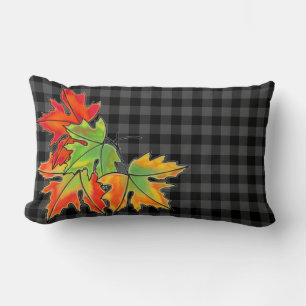 Grey Plaid with Fall Maple Leaves Lumbar Cushion