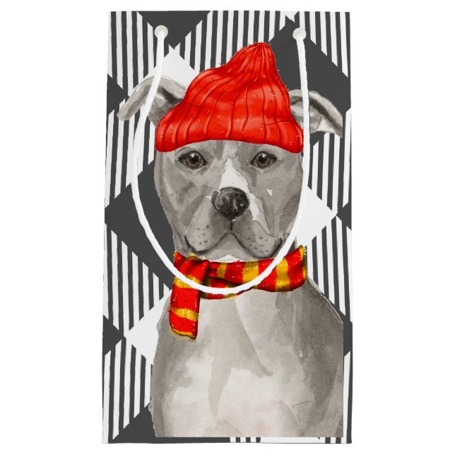 Grey Plaid with Staffordshire Pitbull Christmas Small Gift Bag (Front)