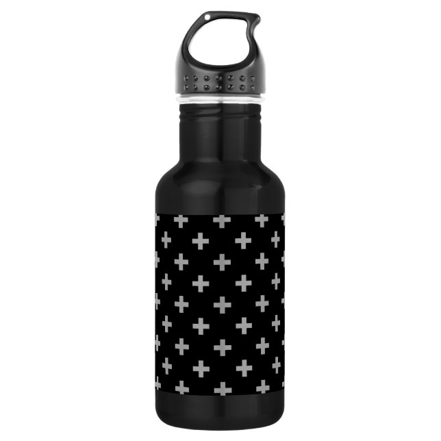 Grey polka crosses on black 532 ml water bottle (Front)