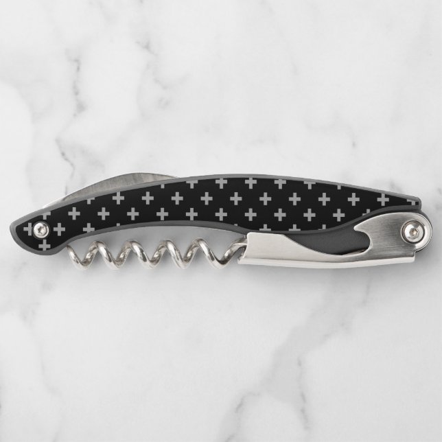 Grey polka crosses on black corkscrew (Back)