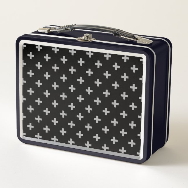 Grey polka crosses on black metal lunch box (Front)
