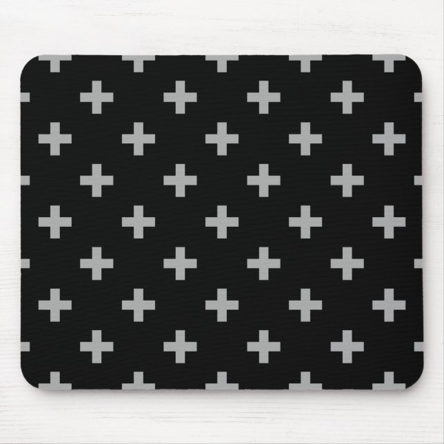 Grey polka crosses on black mouse mat (Front)