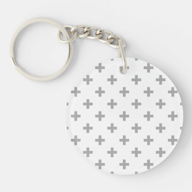 Grey polka crosses on white key ring (Front)