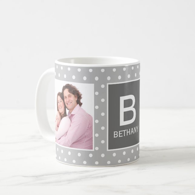 Grey Polka Dot Custom Photo Monogram Coffee Mug (Front Left)