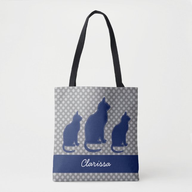 Grey Polka Dot with Navy Blue Cats Tote Bag (Front)