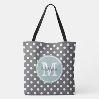 Grey Polka Dots, Mint Monogram & Personalised Name Tote Bag