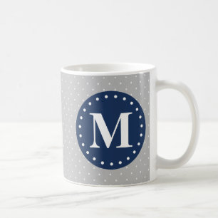 Grey Polka Dots Navy Blue Monogram Coffee Mug