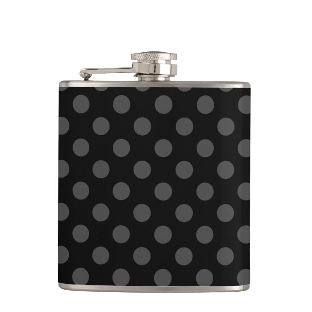 Grey polka dots on black hip flask (Front)