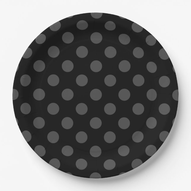 Grey polka dots on black paper plate (Front)