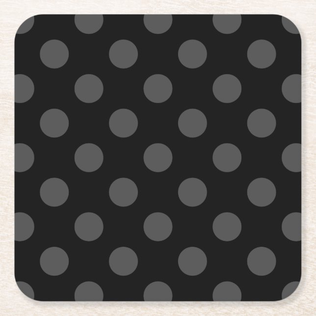 Grey polka dots on black square paper coaster (Front)