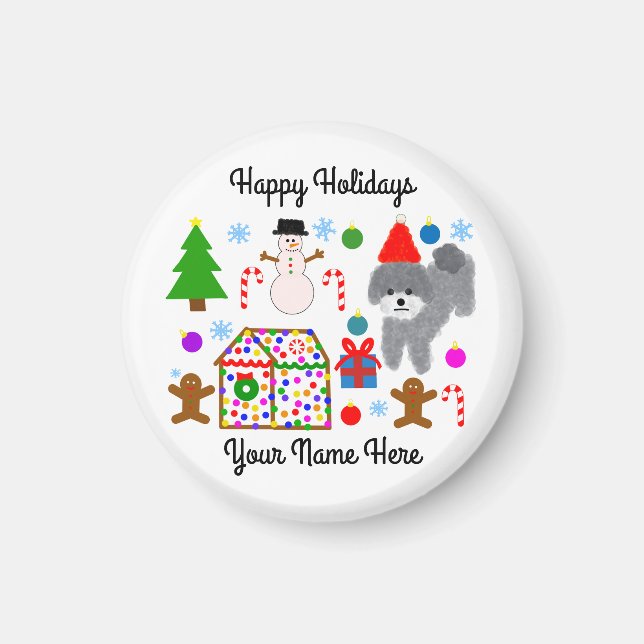 Grey Poodle Christmas #3 Round Magnet  (Front)