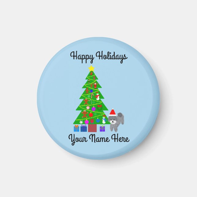 Grey Poodle Christmas #5 Round Magnet  (Front)