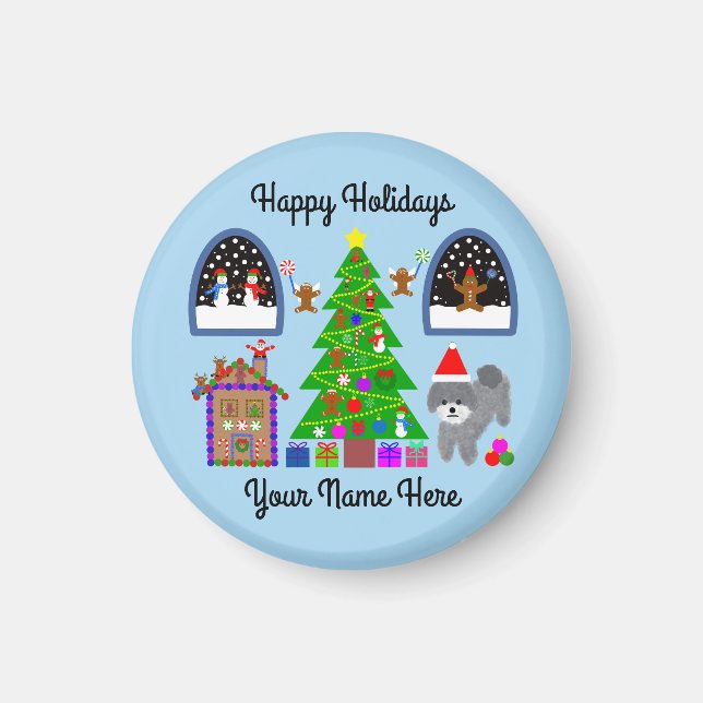 Grey Poodle Christmas #6 Round Magnet  (Front)