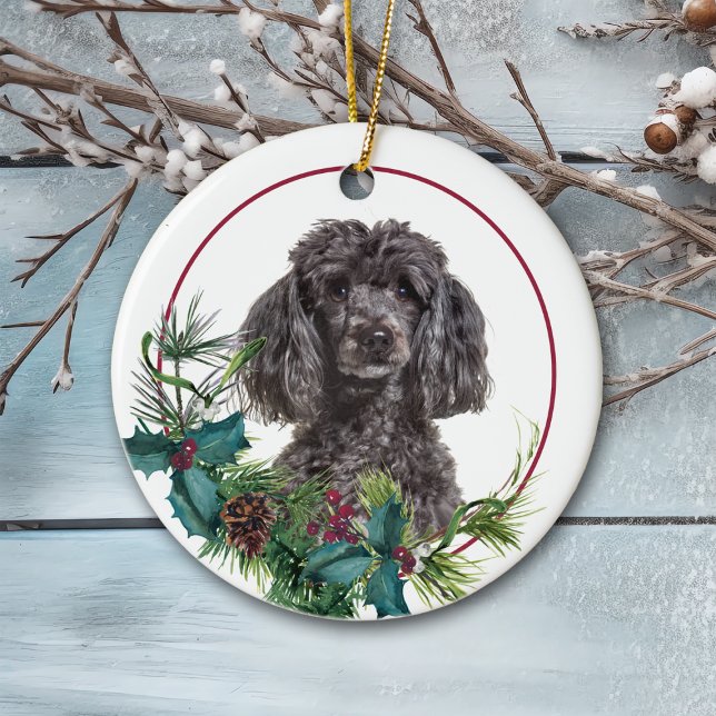 Grey Poodle Dog Evergreen Berry Wreath Ceramic Tree Decoration (Creator Uploaded)