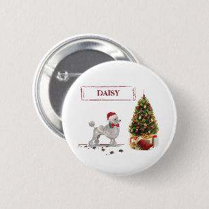 Grey Poodle Funny Christmas Dog with Tree 6 Cm Round Badge