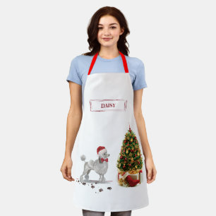Grey Poodle Funny Christmas Dog with Tree Apron