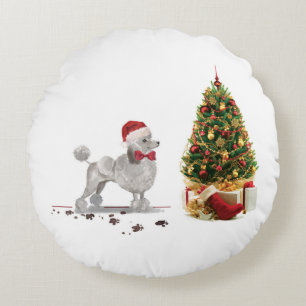 Grey Poodle Funny Christmas Dog with Tree Round Cushion
