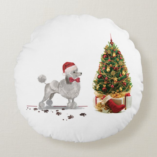 Grey Poodle Funny Christmas Dog with Tree Round Cushion (Front)