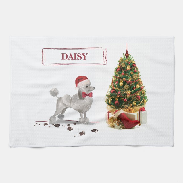Grey Poodle Funny Christmas Dog with Tree Tea Towel (Horizontal)