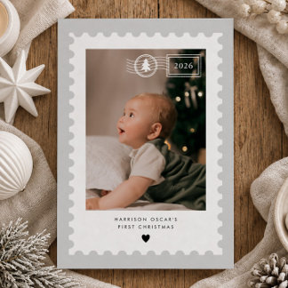 Grey Postage Stamp Baby's 1st Christmas Photo Holiday Card
