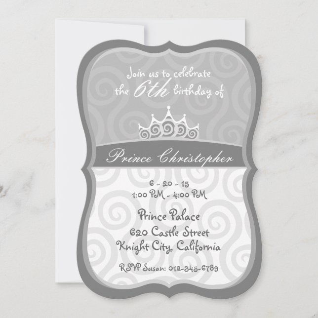 Grey Prince Crown Spirals Birthday Invitation (Front)