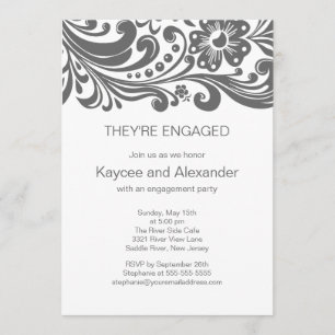 Grey Print Floral Swirls Engagement Invitations