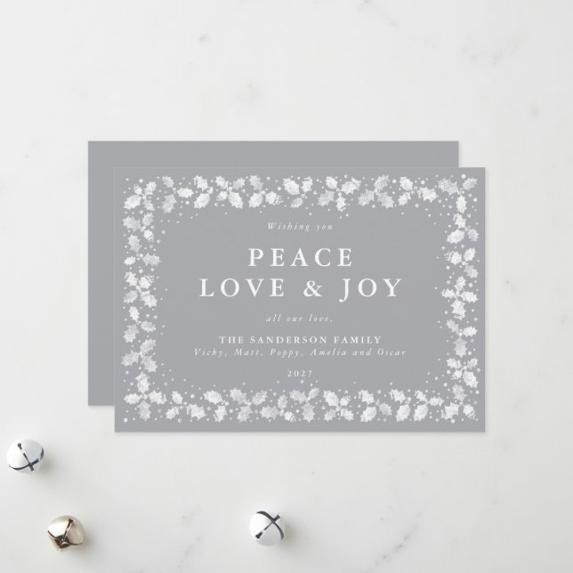 Grey Printed Holly + Berries Border Flat Non Photo Holiday Card (Front/Back In Situ)