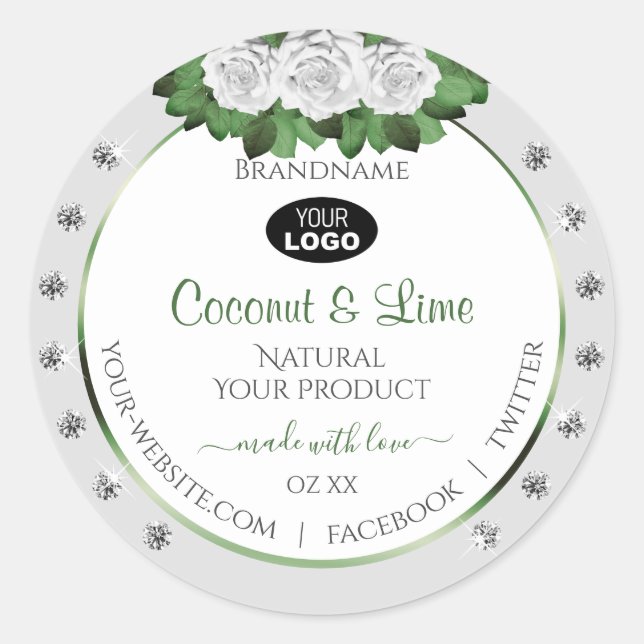 Grey Product Labels Green White Roses Jewels Logo (Front)