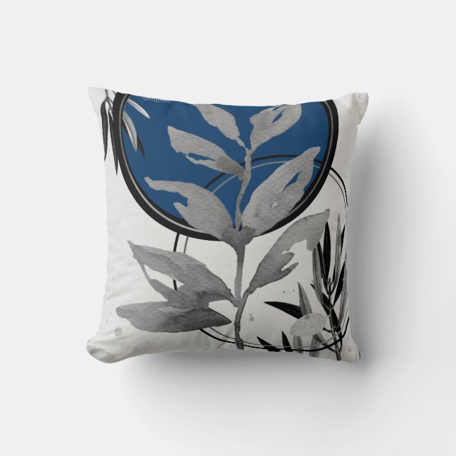 Grey & Prussian Blue Abstract Watercolor Leaf Cushion (Front)