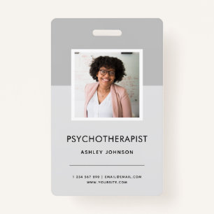 Grey Psychotherapist Counsellor Photo Name Tag ID ID Badge