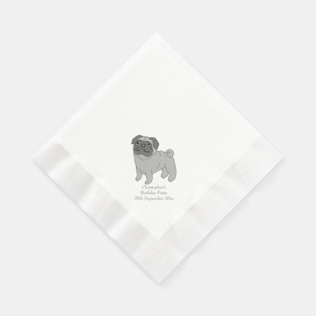 Grey Pug Dog Design Personalised  Napkin (Corner)
