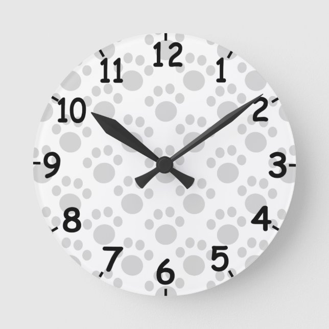 Grey Puppy Paw Print Pattern Round Clock (Front)