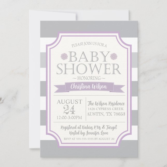 Grey & Purple Baby Shower Invitation (Front)