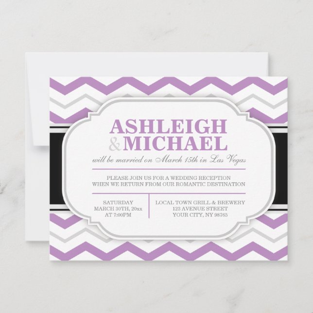 Grey & Purple Chevron Wedding Reception ONLY Invitation (Front)
