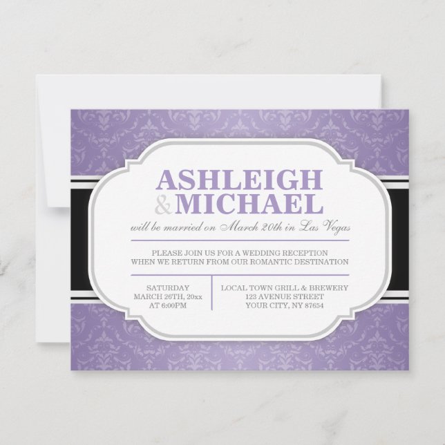 Grey & Purple Damask Wedding Reception ONLY RSVP Card (Front)