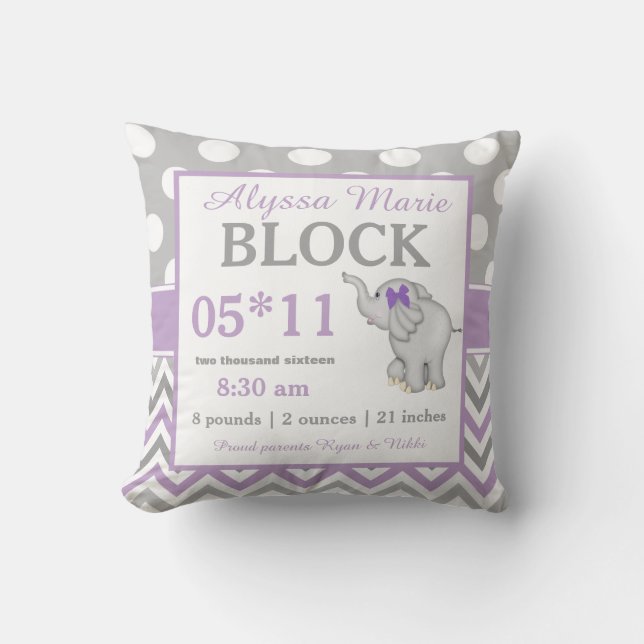Grey Purple Elephant Baby Announcement Pillow (Front)