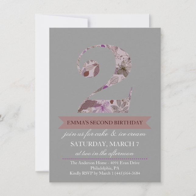 Grey & Purple Floral Two Birthday Invitation (Front)