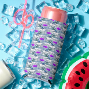 Grey purple flowers pattern white seltzer can cooler