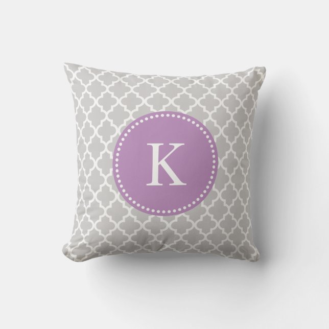 Grey Purple Moroccan Pattern & Monogram Cushion (Front)