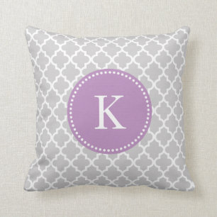 Grey Purple Moroccan Pattern & Monogram Cushion