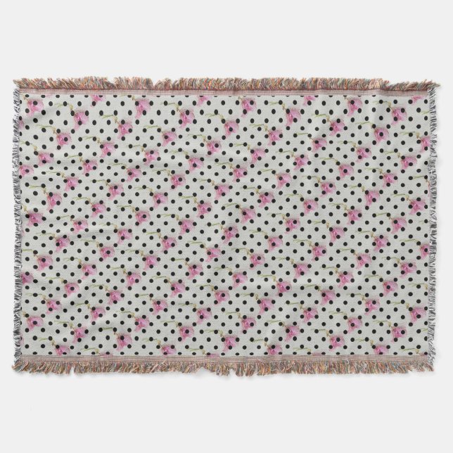 Grey purple pink flower and black polka dots throw blanket (Front)