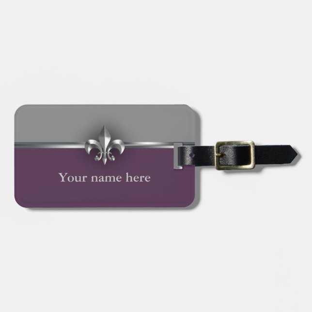 Grey Purple Silver Fleur de Lis Luggage Tag (Front Horizontal)