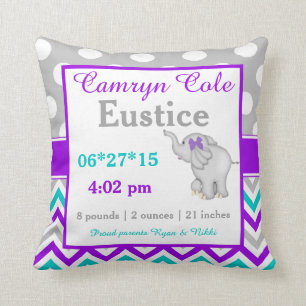 Grey Purple Teal Elephant Baby Announcement Pillow