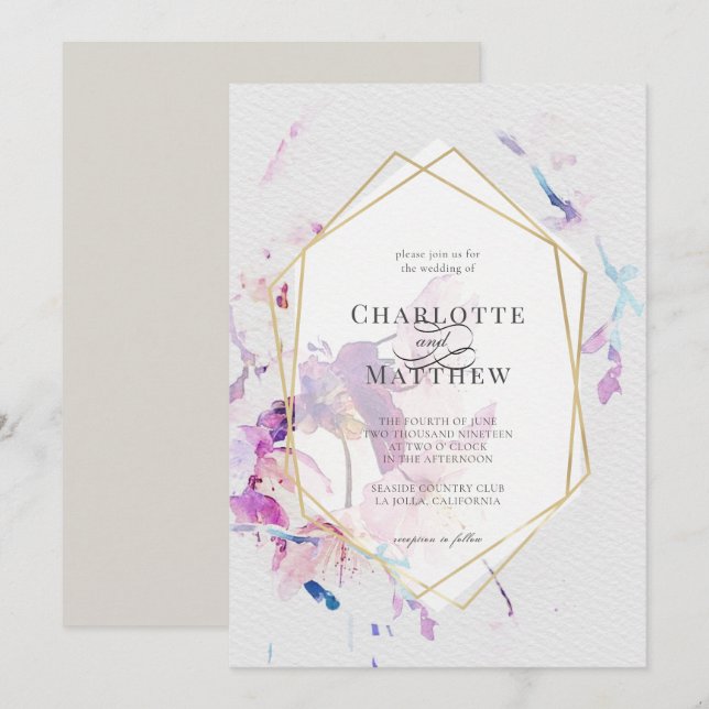 Grey & Purple Watercolor Floral Gold Frame Wedding Invitation (Front/Back)