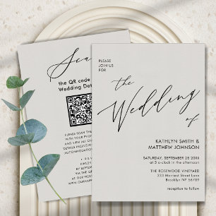 Grey QR Code All In One Modern Script Chic Wedding Invitation