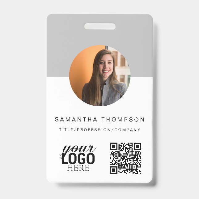 Grey QR Code Business Logo ID Card Business  Badge (Front)