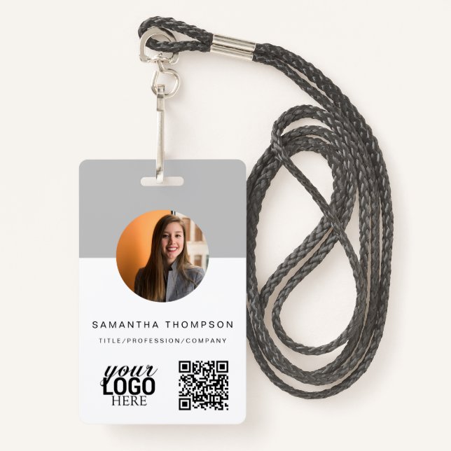 Grey QR Code Business Logo ID Card Business  ID Badge (Front with Lanyard)